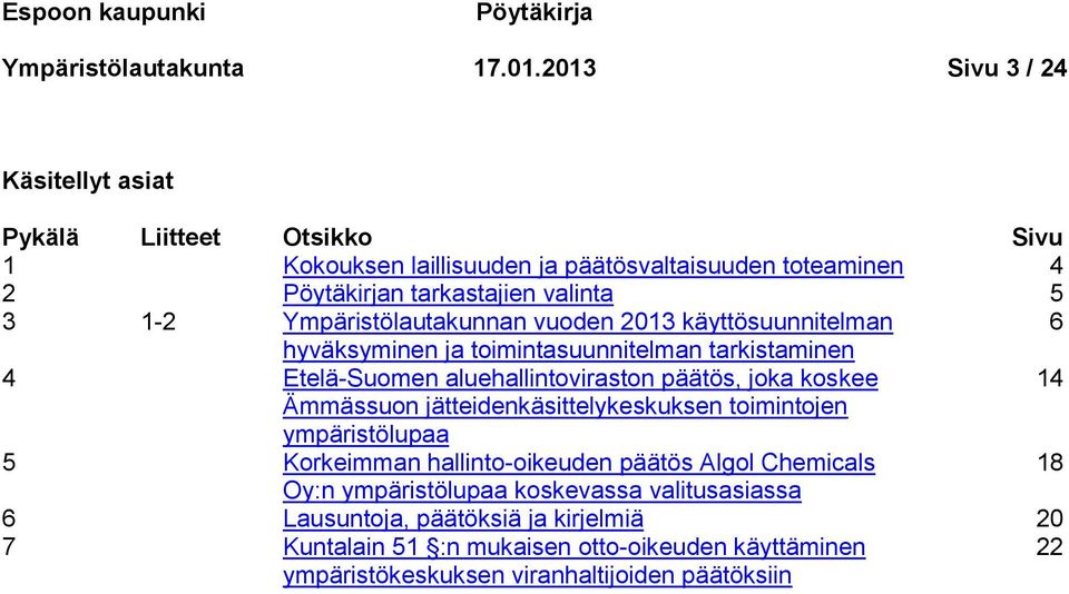 Ympäristölautakunnan vuoden 2013 käyttösuunnitelman 6 hyväksyminen ja toimintasuunnitelman tarkistaminen 4 Etelä-Suomen aluehallintoviraston päätös, joka koskee 14 Ämmässuon