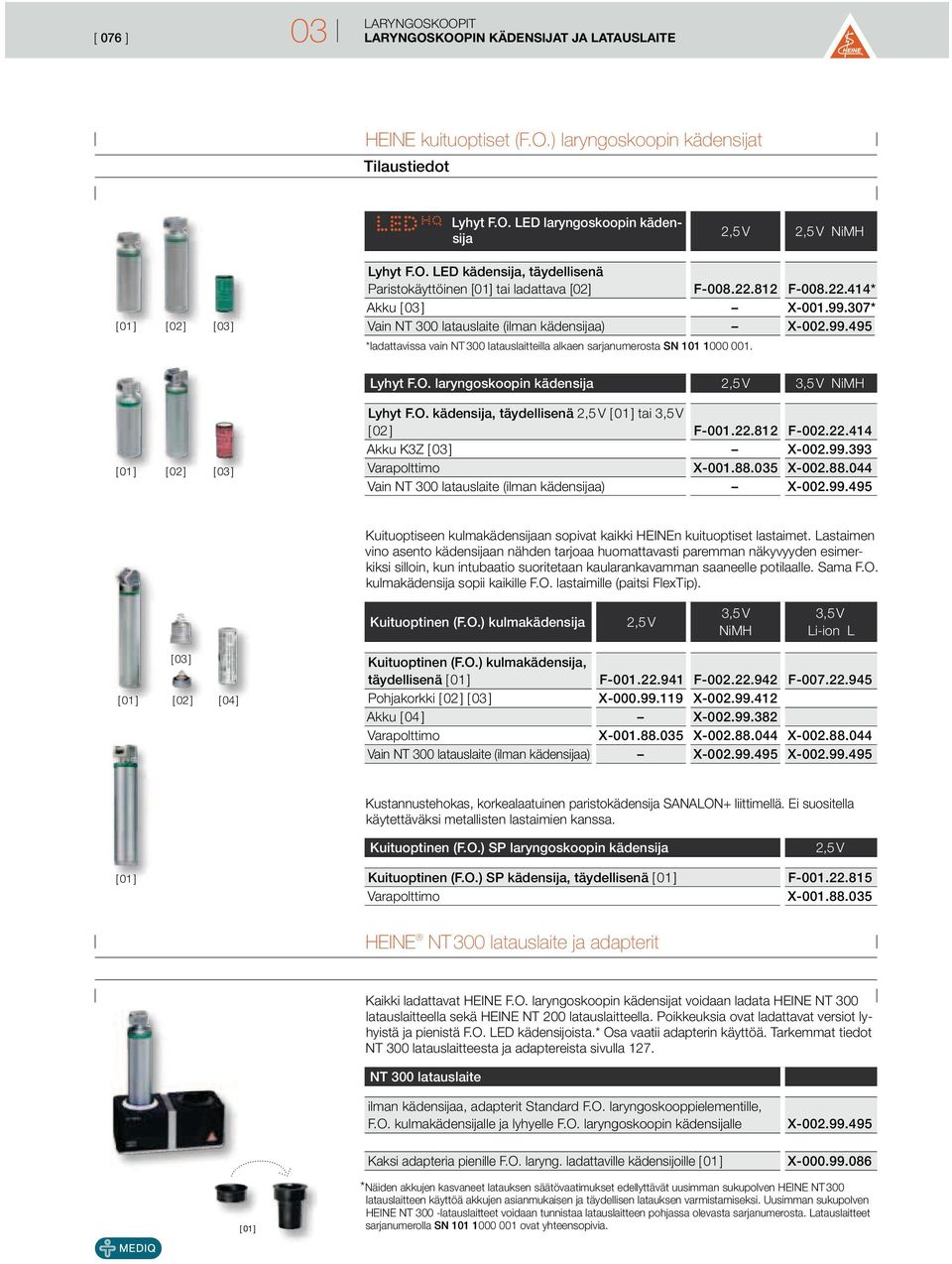 laryngoskoopin kädensija [ 01 ] [ 02 ] [ 03 ] Lyhyt F.O. kädensija, täydellisenä [ 01 ] tai [ 02 ] F-001.22.812 F-002.22.414 Akku K3Z [ 03 ] X-002.99.393 Varapolttimo X-001.88.