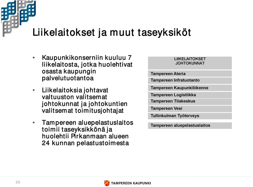 toimii taseyksikkönä ja huolehtii Pirkanmaan alueen 24 kunnan pelastustoimesta Tampereen Ateria LIIKELAITOKSET JOHTOKUNNAT Tampereen