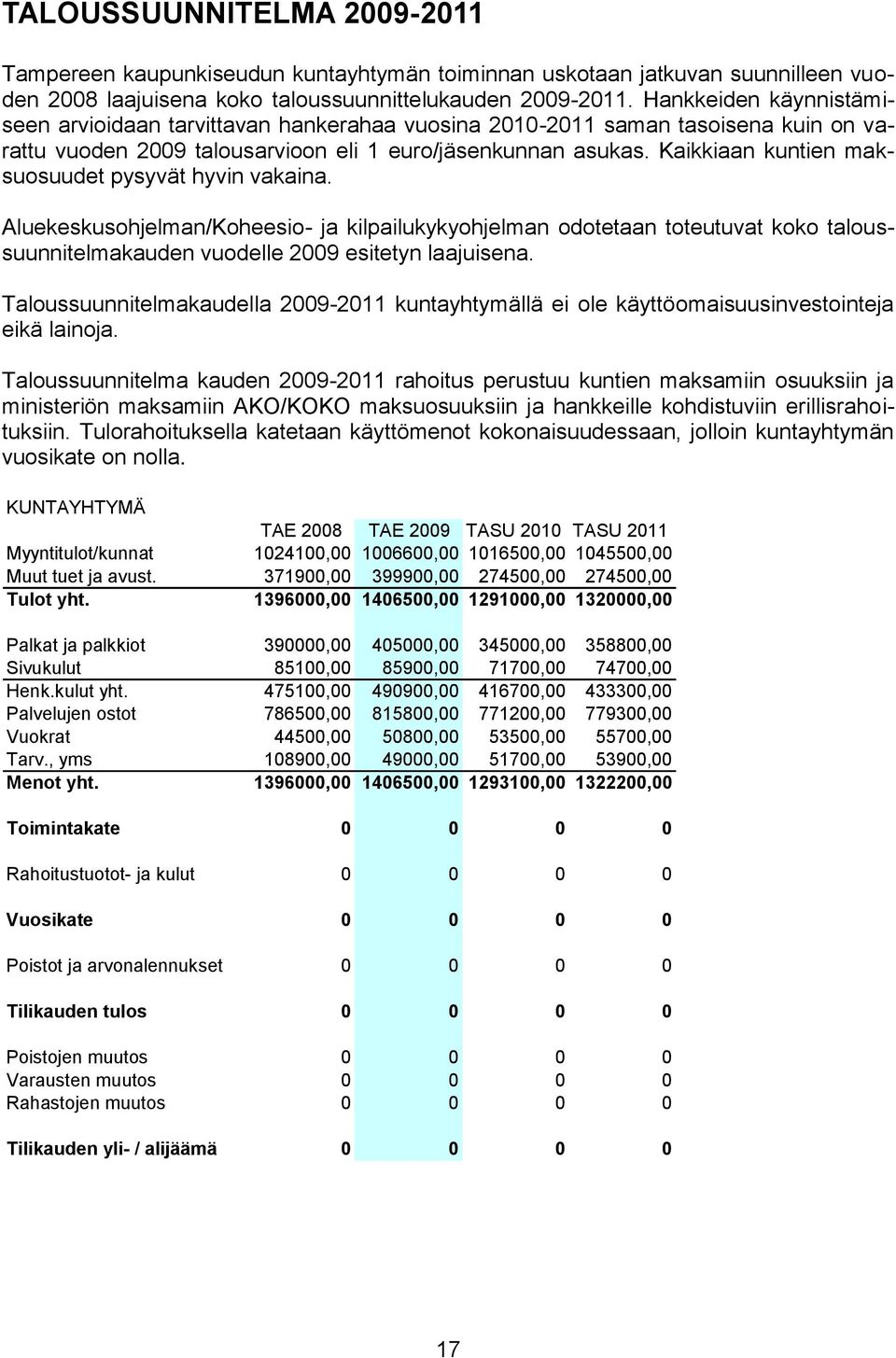 Kaikkiaan kuntien maksuosuudet pysyvät hyvin vakaina. Aluekeskusohjelman/Koheesio- ja kilpailukykyohjelman odotetaan toteutuvat koko taloussuunnitelmakauden vuodelle 2009 esitetyn laajuisena.