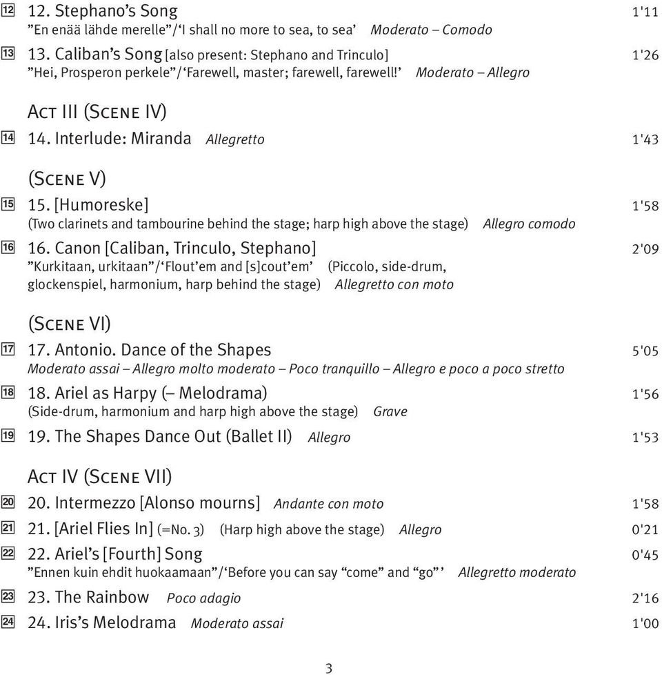 Interlude: Miranda Allegretto 1'43 (Scene V) 15. [Humoreske] 1'58 (Two clarinets and tambourine behind the stage; harp high above the stage) Allegro comodo 16.