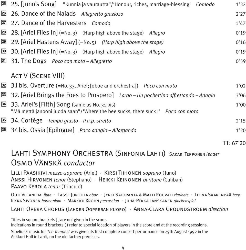 The Dogs Poco con moto Allegretto 0'59 Act V (Scene VIII) 31 bis. Overture (=No. 33. Ariel; [oboe and orchestra] ) Poco con moto 1'02 32.