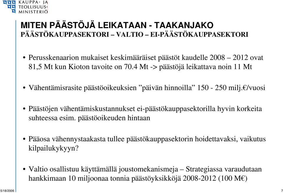 /vuosi Päästöjen vähentämiskustannukset ei-päästökauppasektorilla hyvin korkeita suhteessa esim.