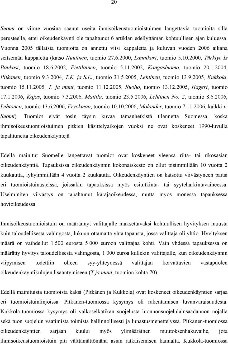 2000, Türkiye Is Bankasi, tuomio 18.6.2002, Pietiläinen, tuomio 5.11.2002, Kangasluoma, tuomio 20.1.2004, Pitkänen, tuomio 9.3.2004, T.K. ja S.E., tuomio 31.5.2005, Lehtinen, tuomio 13.9.2005, Kukkola, tuomio 15.