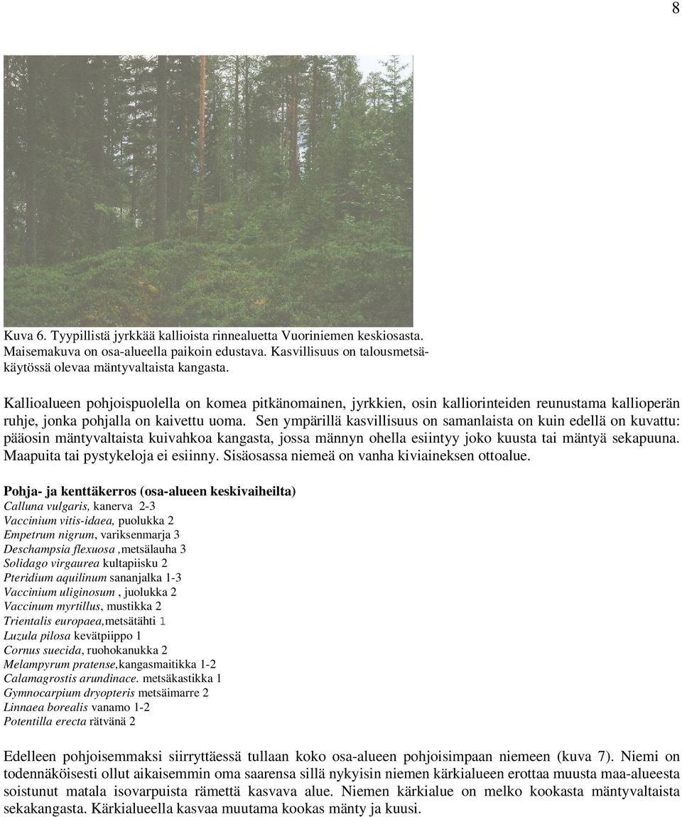 Sen ympärillä kasvillisuus on samanlaista on kuin edellä on kuvattu: pääosin mäntyvaltaista kuivahkoa kangasta, jossa männyn ohella esiintyy joko kuusta tai mäntyä sekapuuna.