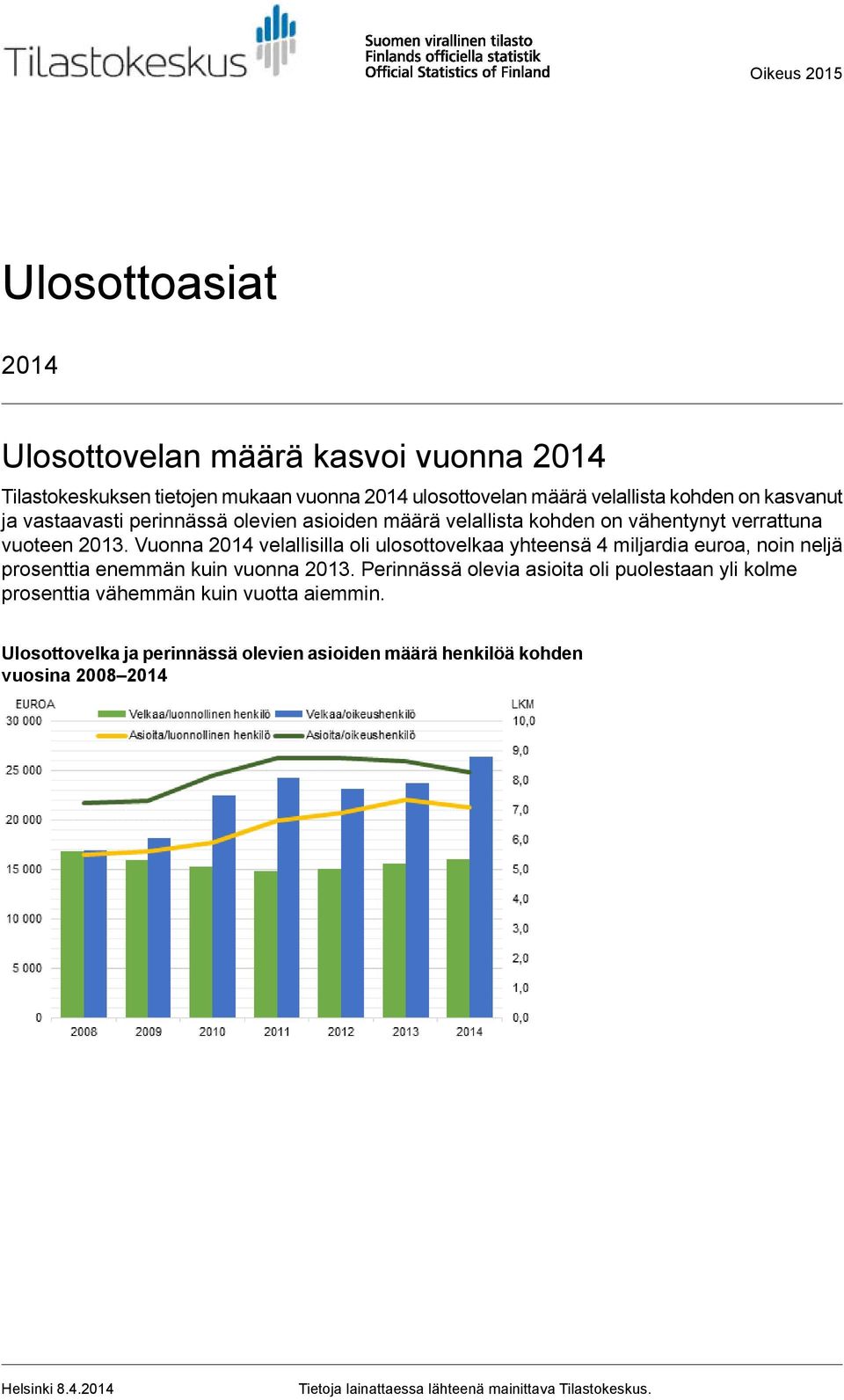 Vuonna 2014 velallisilla oli ulosottovelkaa yhteensä 4 miljardia euroa, noin neljä prosenttia enemmän kuin vuonna 2013.