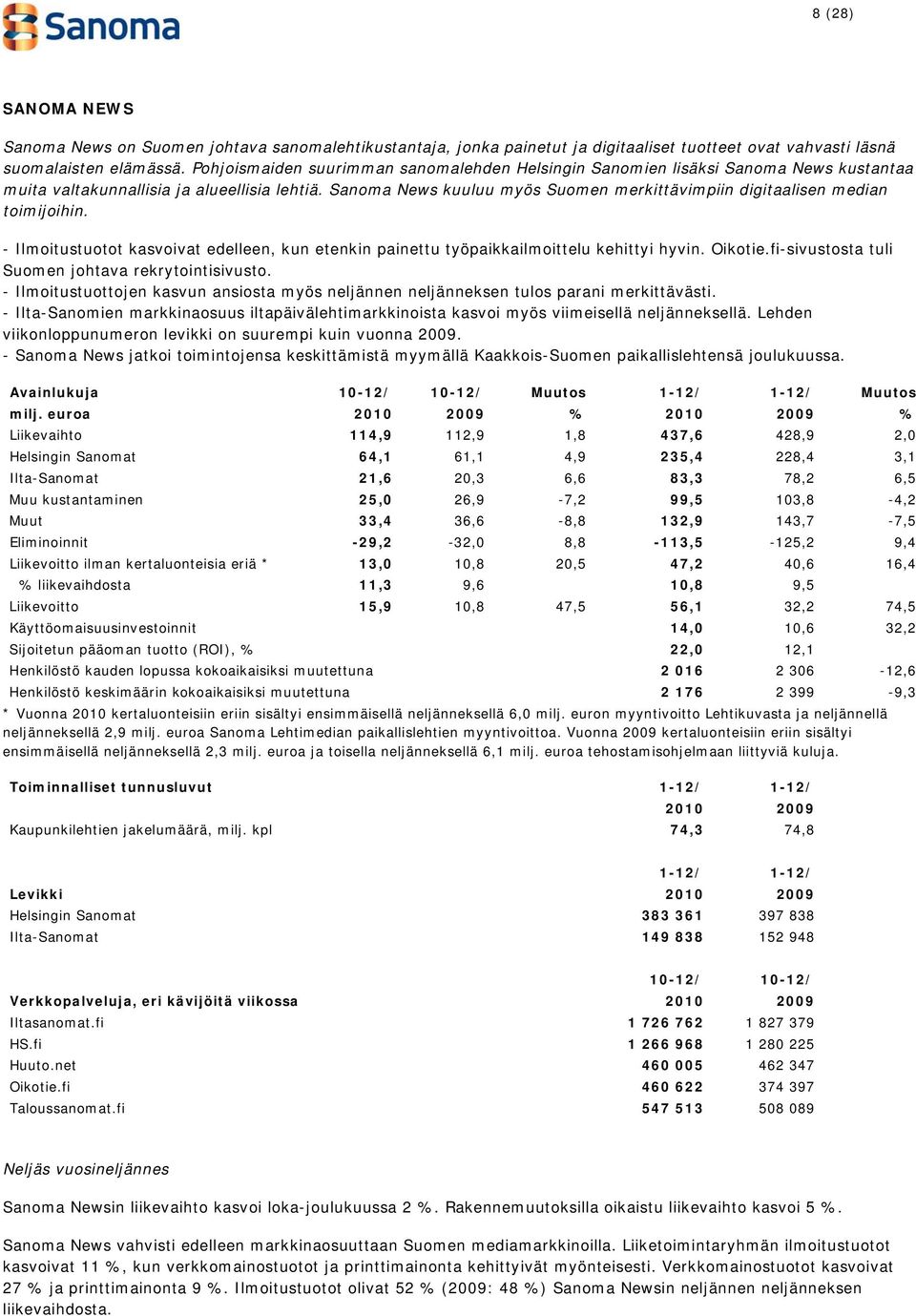 Sanoma News kuuluu myös Suomen merkittävimpiin digitaalisen median toimijoihin. - Ilmoitustuotot kasvoivat edelleen, kun etenkin painettu työpaikkailmoittelu kehittyi hyvin. Oikotie.