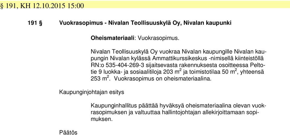 sijaitsevasta rakennuksesta osoitteessa Peltotie 9 luokka- ja sosiaalitiloja 203 m 2 ja toimistotilaa 50 m 2, yhteensä 253 m 2.