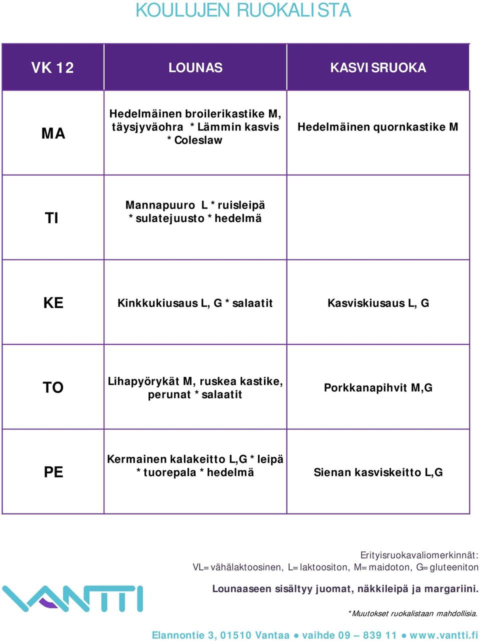 Kinkkukiusaus L, G *salaatit Kasviskiusaus L, G Lihapyörykät M, ruskea kastike, perunat