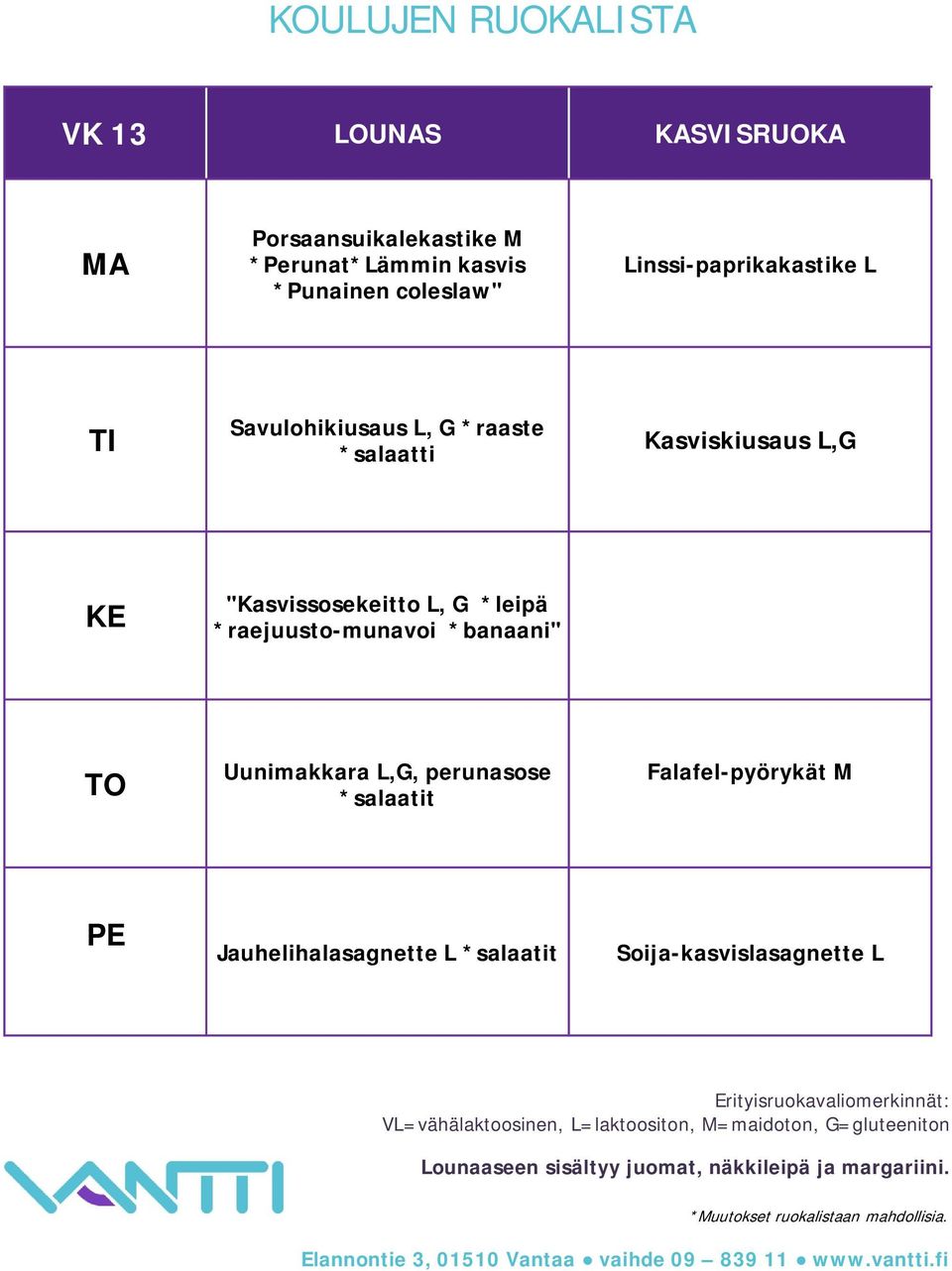 L,G "Kasvissosekeitto L, G *leipä *raejuusto-munavoi *banaani" Uunimakkara L,G,