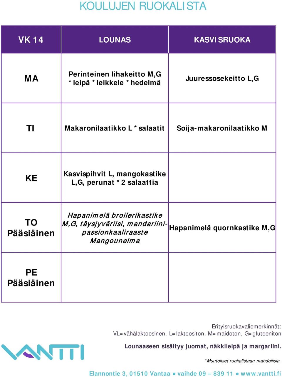 Kasvispihvit L, mangokastike L,G, perunat *2 salaattia Pääsiäinen Hapanimelä