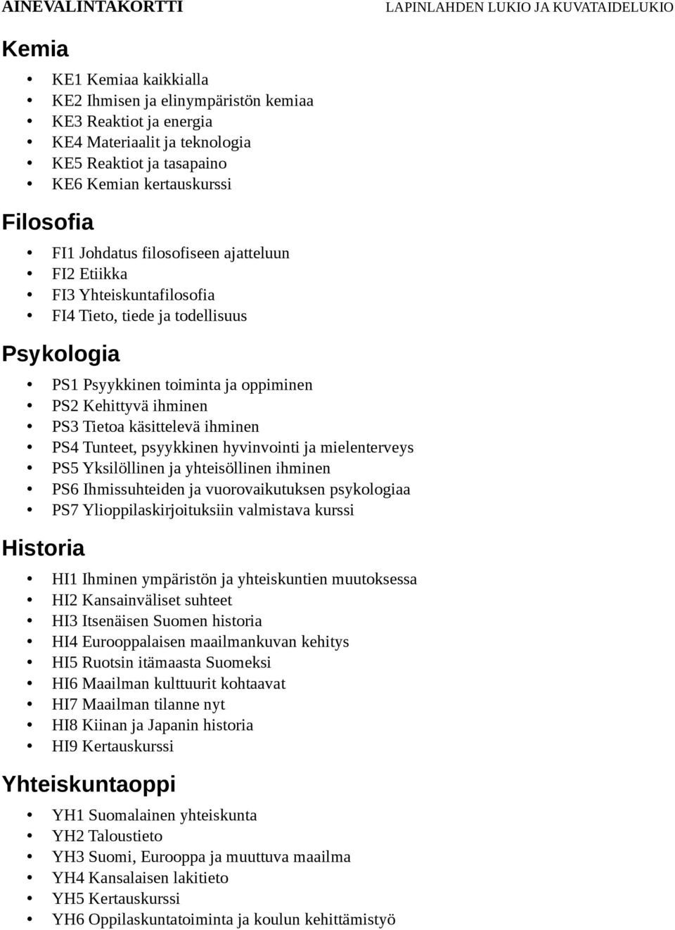 Tunteet, psyykkinen hyvinvointi ja mielenterveys PS5 Yksilöllinen ja yhteisöllinen ihminen PS6 Ihmissuhteiden ja vuorovaikutuksen psykologiaa PS7 Ylioppilaskirjoituksiin valmistava kurssi Historia