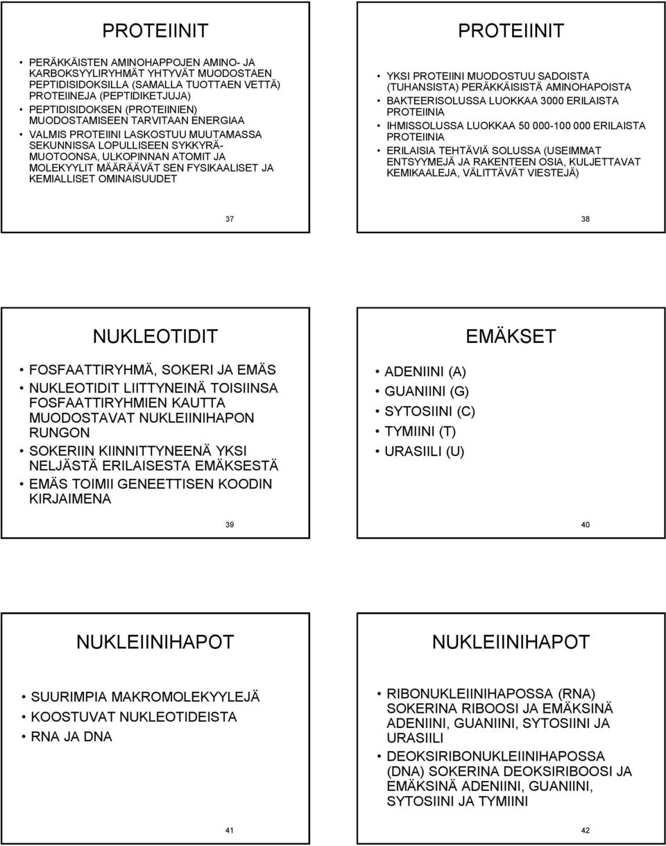 OMINAISUUDET PROTEIINIT YKSI PROTEIINI MUODOSTUU SADOISTA (TUHANSISTA) PERÄKKÄISISTÄ AMINOHAPOISTA BAKTEERISOLUSSA LUOKKAA 3000 ERILAISTA PROTEIINIA IHMISSOLUSSA LUOKKAA 50 000-100 000 ERILAISTA