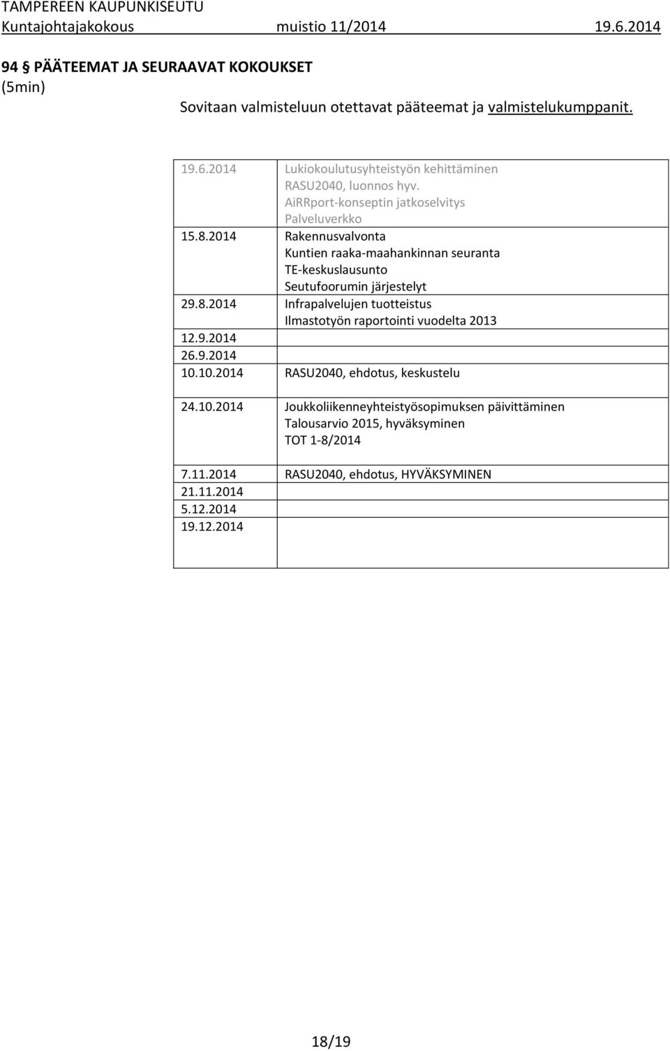 2014 Rakennusvalvonta Kuntien raaka-maahankinnan seuranta TE-keskuslausunto Seutufoorumin järjestelyt 29.8.