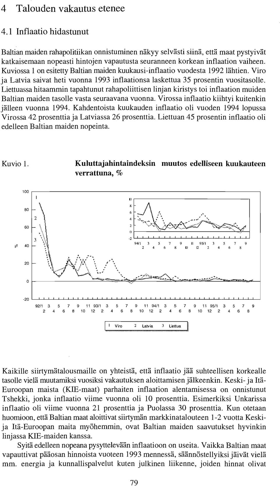 Kuviossa 1 on esitetty Baltian maiden kuukausi-inflaatio vuodesta 1992 lahtien. Viro ja Latvia saivat heti vuonna 1993 inflaationsa laskettua 35 prosentin vuositasolle.