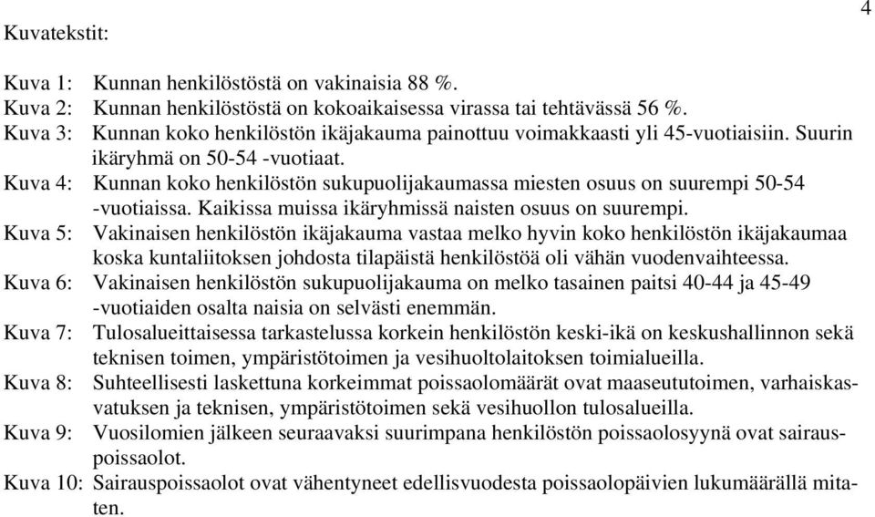 Kuva 4: Kunnan koko henkilöstön sukupuolijakaumassa miesten osuus on suurempi 5-54 -vuotiaissa. Kaikissa muissa ikäryhmissä naisten osuus on suurempi.