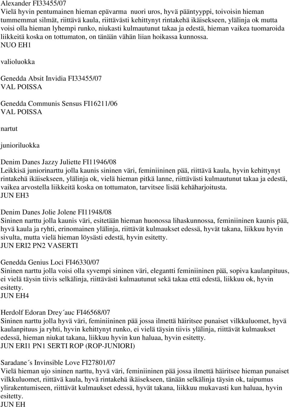 NUO EH1 Genedda Absit Invidia FI33455/07 Genedda Communis Sensus FI16211/06 nartut Denim Danes Jazzy Juliette FI11946/08 Leikkisä juniorinarttu jolla kaunis sininen väri, feminiininen pää, riittävä