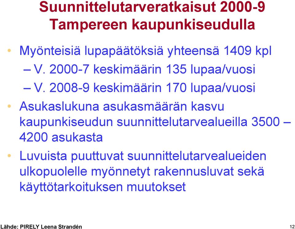 2008-9 keskimäärin 170 lupaa/vuosi Asukaslukuna asukasmäärän kasvu kaupunkiseudun