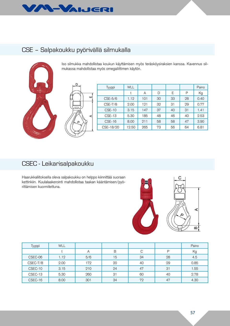 50 265 73 56 64 6.81 CSEC - Leikarisalpakoukku Haarukkaliitoksella oleva salpakoukku on helppo kiinnittää suoraan kettinkiin.