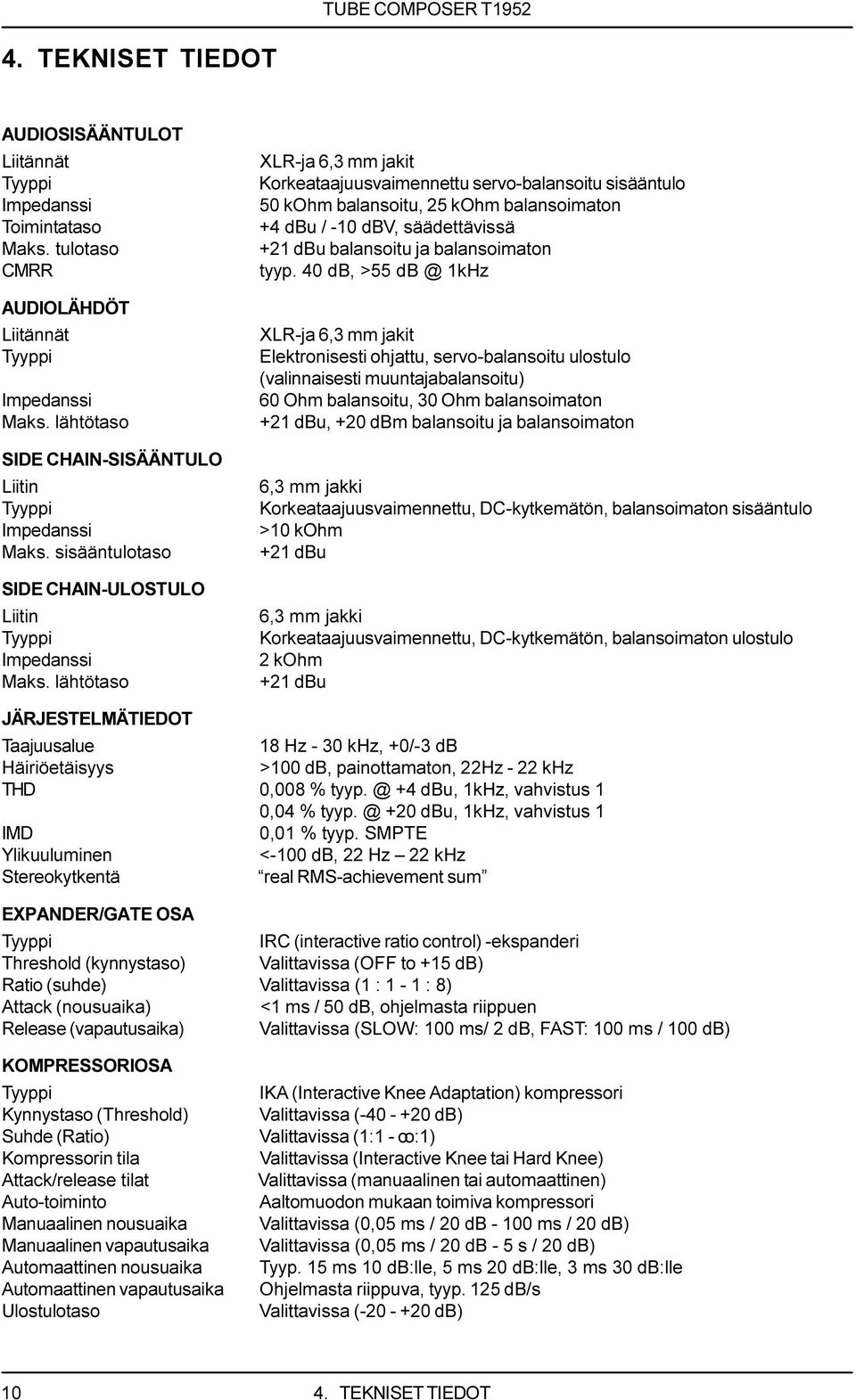 lähtötaso XLR-ja 6,3 mm jakit Korkeataajuusvaimennettu servo-balansoitu sisääntulo 50 kohm balansoitu, 25 kohm balansoimaton +4 dbu / -10 dbv, säädettävissä +21 dbu balansoitu ja balansoimaton tyyp.