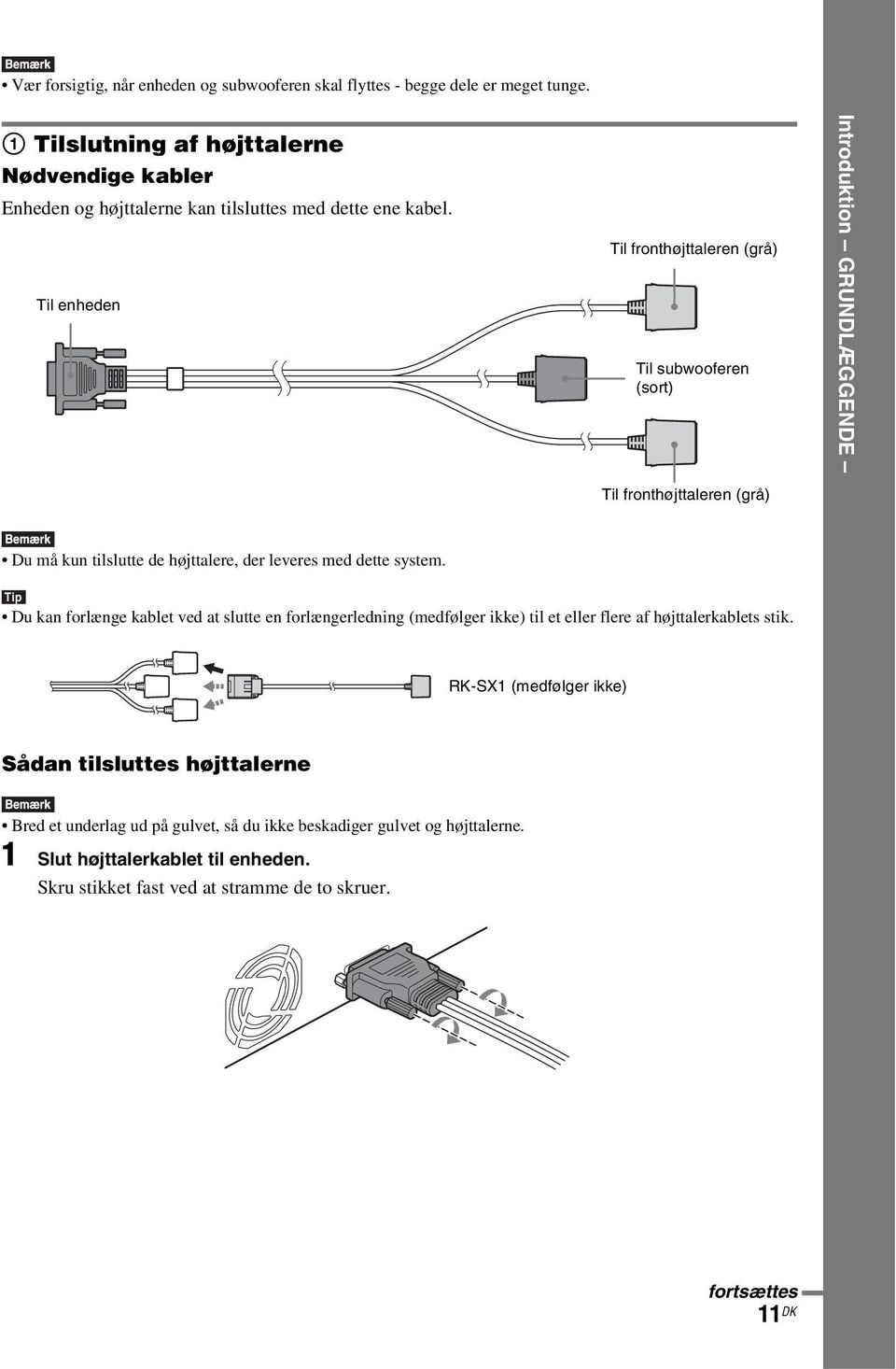 Til enheden Til fronthøjttaleren (grå) Til subwooferen (sort) Introduktion GRUNDLÆGGENDE Til fronthøjttaleren (grå) Du må kun tilslutte de højttalere, der leveres med dette system.