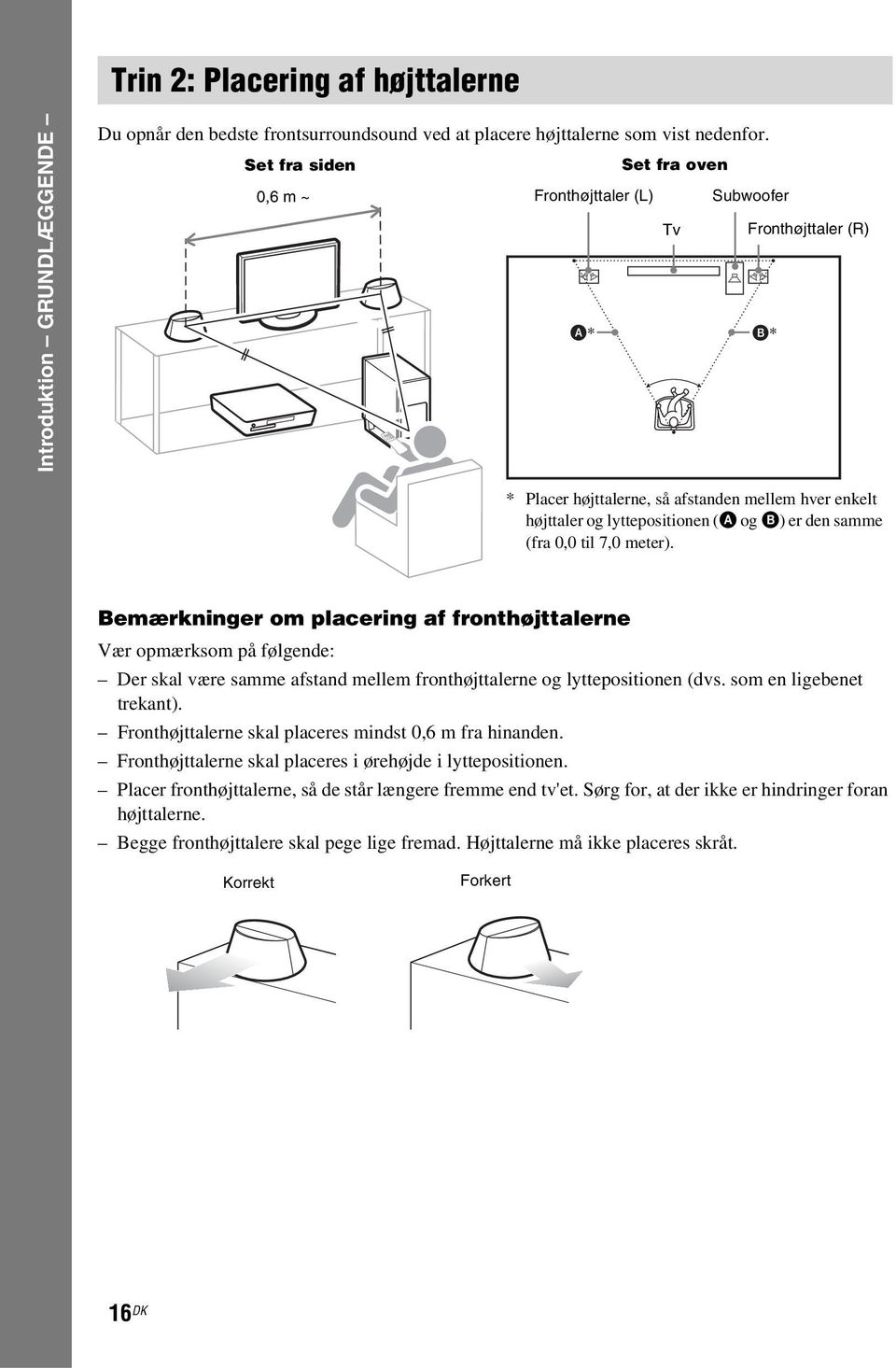 til 7,0 meter). Bemærkninger om placering af fronthøjttalerne Vær opmærksom på følgende: Der skal være samme afstand mellem fronthøjttalerne og lyttepositionen (dvs. som en ligebenet trekant).