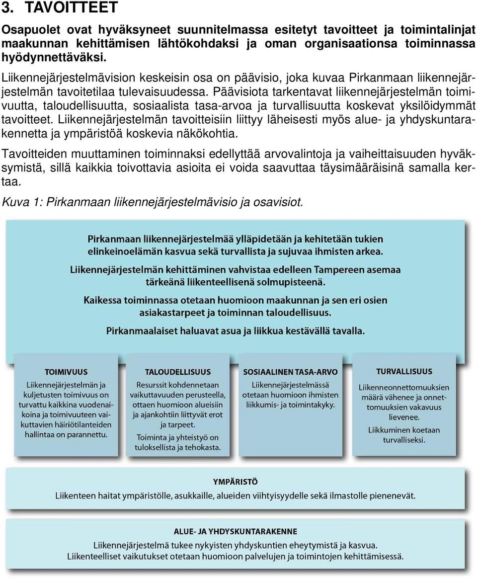 Päävisiota tarkentavat liikennejärjestelmän toimivuutta, taloudellisuutta, sosiaalista tasa-arvoa ja turvallisuutta koskevat yksilöidymmät tavoitteet.