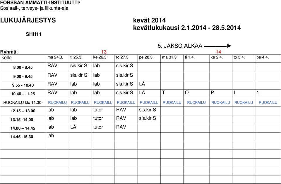 25 RAV lab lab sis.kir S LÄ T O P I 1. RUOKAILU klo 11.