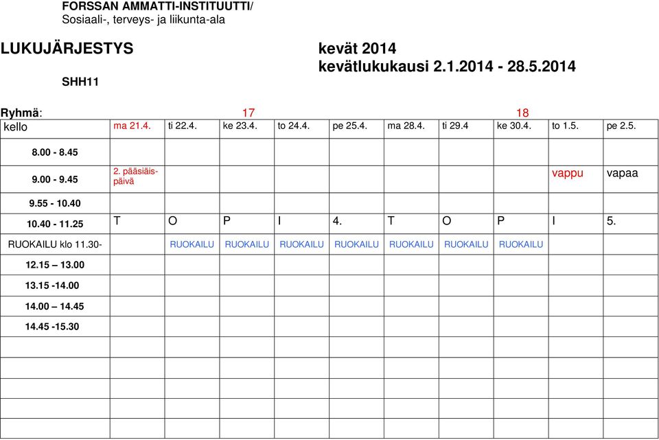 55-10.40 10.40-11.25 T O P I 4. T O P I 5. RUOKAILU klo 11.