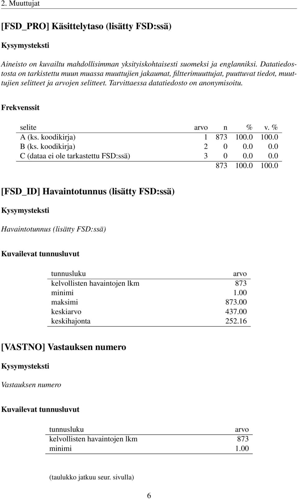 koodikirja) 1 B (ks. koodikirja) 2 0 0.0 0.0 C (dataa ei ole tarkastettu FSD:ssä) 3 0 0.0 0.0 [FSD_ID] Havaintotunnus (lisätty FSD:ssä) Havaintotunnus (lisätty FSD:ssä) Kuvailevat tunnusluvut tunnusluku arvo kelvollisten havaintojen lkm 873 minimi 1.