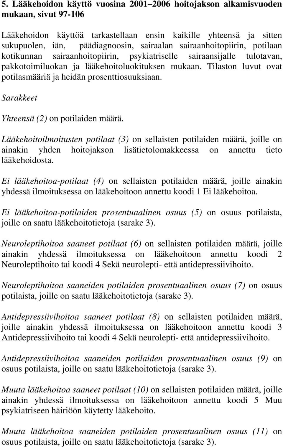 Tilaston luvut ovat potilasmääriä ja heidän prosenttiosuuksiaan. Sarakkeet hteensä (2) on potilaiden määrä.