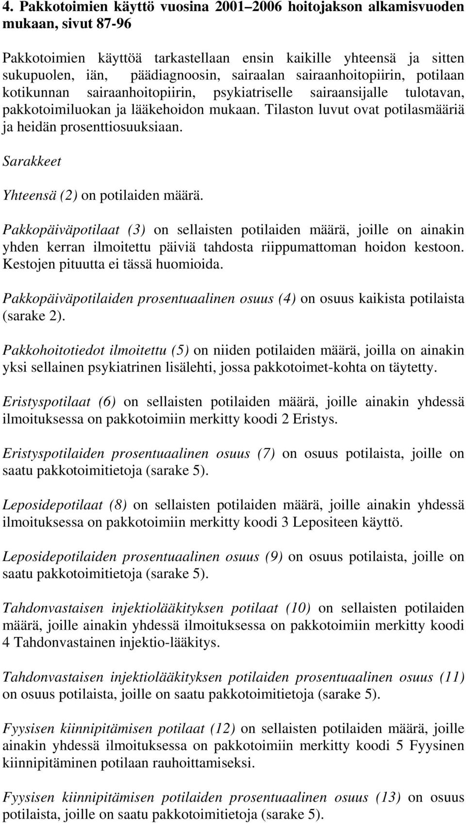 Tilaston luvut ovat potilasmääriä ja heidän prosenttiosuuksiaan. Sarakkeet hteensä (2) on potilaiden määrä.