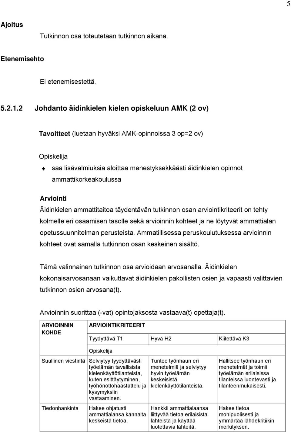 Arviointi Äidinkielen ammattitaitoa täydentävän tutkinnon osan arviointikriteerit on tehty kolmelle eri osaamisen tasolle sekä arvioinnin kohteet ja ne löytyvät ammattialan opetussuunnitelman