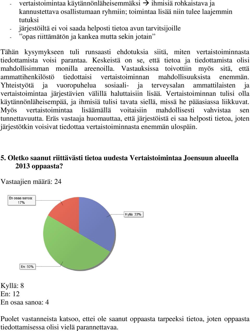 Keskeistä on se, että tietoa ja tiedottamista olisi mahdollisimman monilla areenoilla. Vastauksissa toivottiin myös sitä, että ammattihenkilöstö tiedottaisi vertaistoiminnan mahdollisuuksista enemmän.