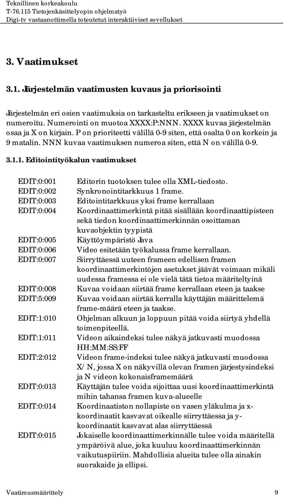 1. Editointityökalun vaatimukset EDIT:0:001 EDIT:0:002 EDIT:0:003 EDIT:0:004 EDIT:0:005 EDIT:0:006 EDIT:0:007 EDIT:0:008 EDIT:5:009 EDIT:1:010 EDIT:1:011 EDIT:2:012 EDIT:0:013 Editorin tuotoksen