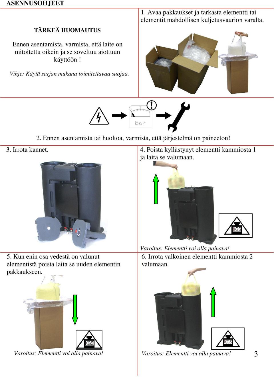 2. Ennen asentamista tai huoltoa, varmista, että järjestelmä on paineeton! 3. Irrota kannet. 4.