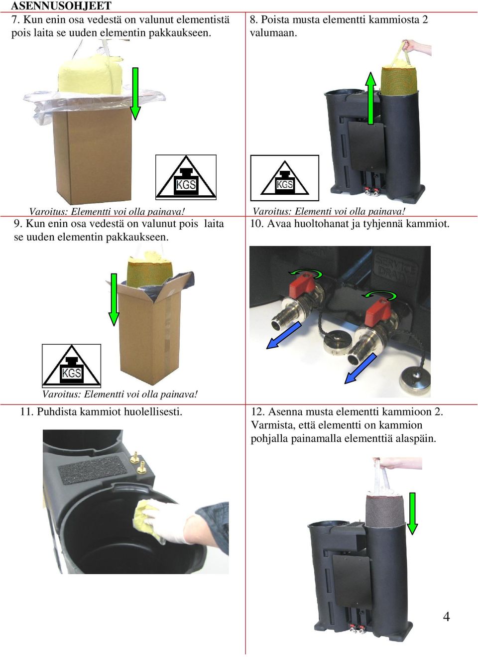 Kun enin osa vedestä on valunut pois laita se uuden elementin pakkaukseen. Varoitus: Elementi voi olla painava! 10.