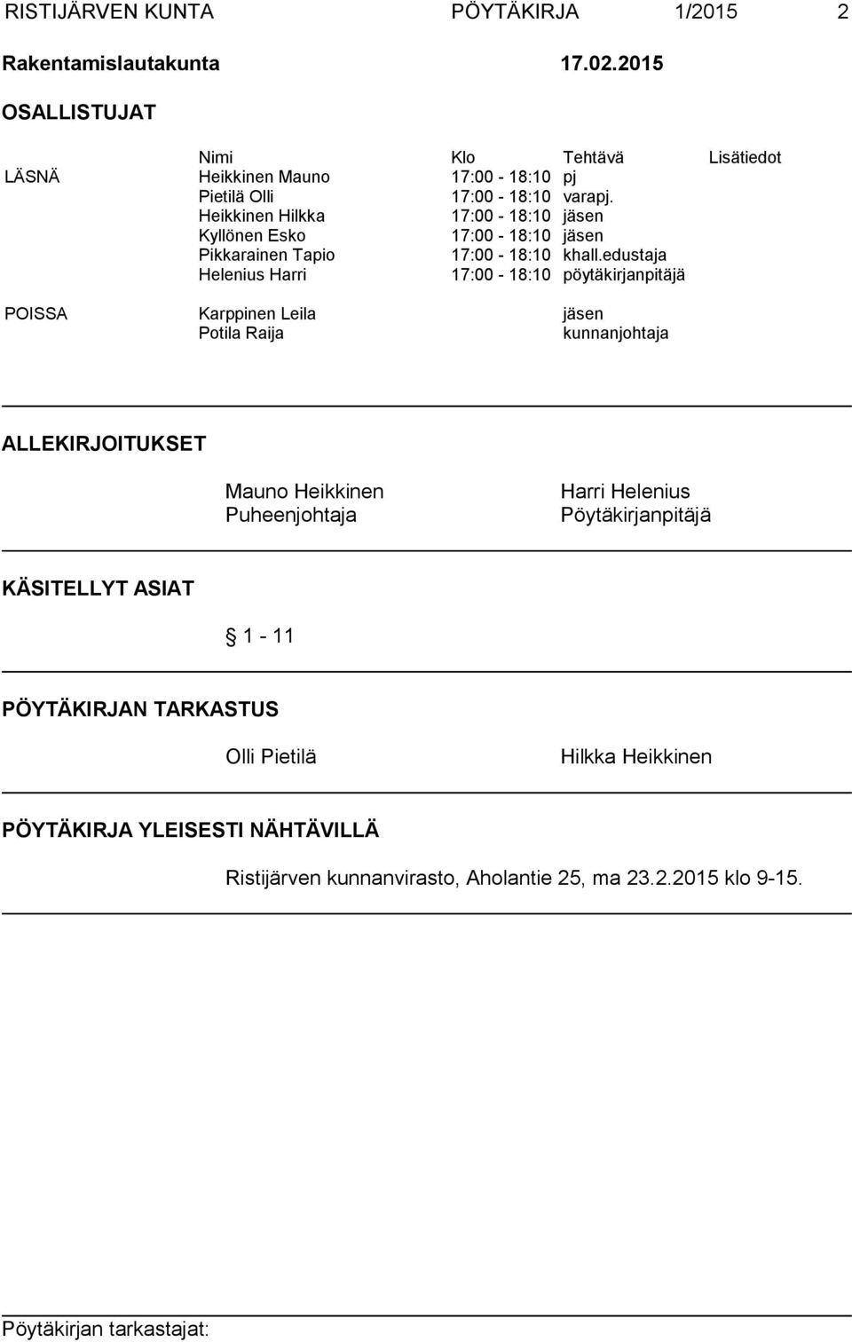 Heikkinen Hilkka 17:00-18:10 jäsen Kyllönen Esko 17:00-18:10 jäsen Pikkarainen Tapio 17:00-18:10 khall.
