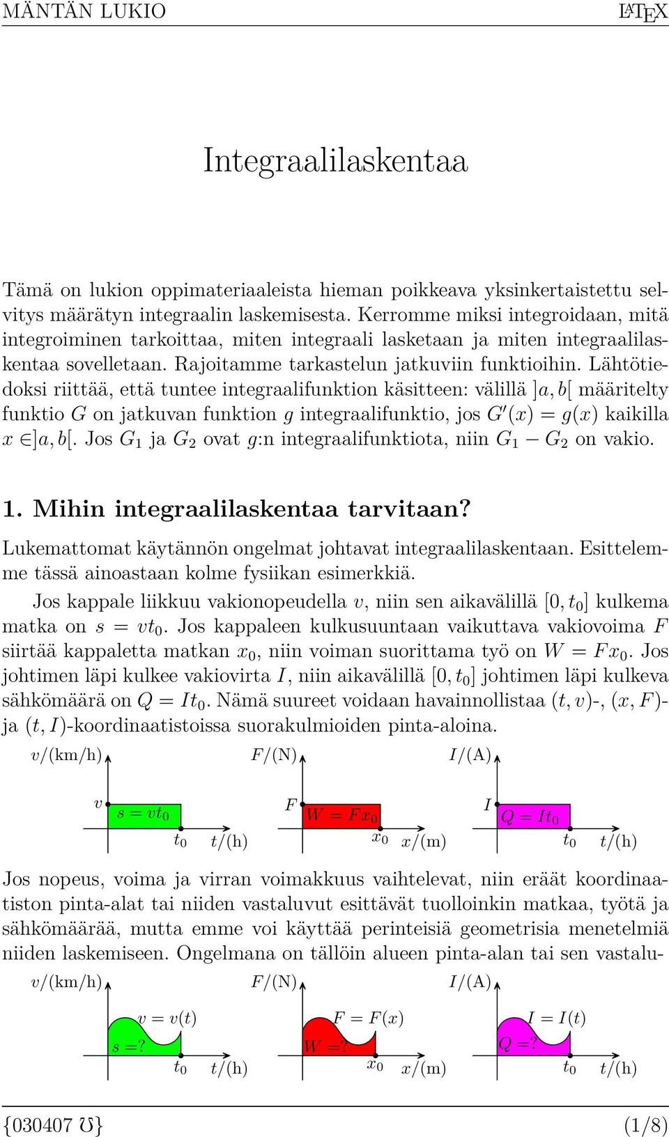 Lähtötiedoksi riittää, että tuntee integrlifunktion käsitteen: välillä ], b[ määritelty funktio G on jtkuvn funktion g integrlifunktio, jos G () = g() kikill ], b[.