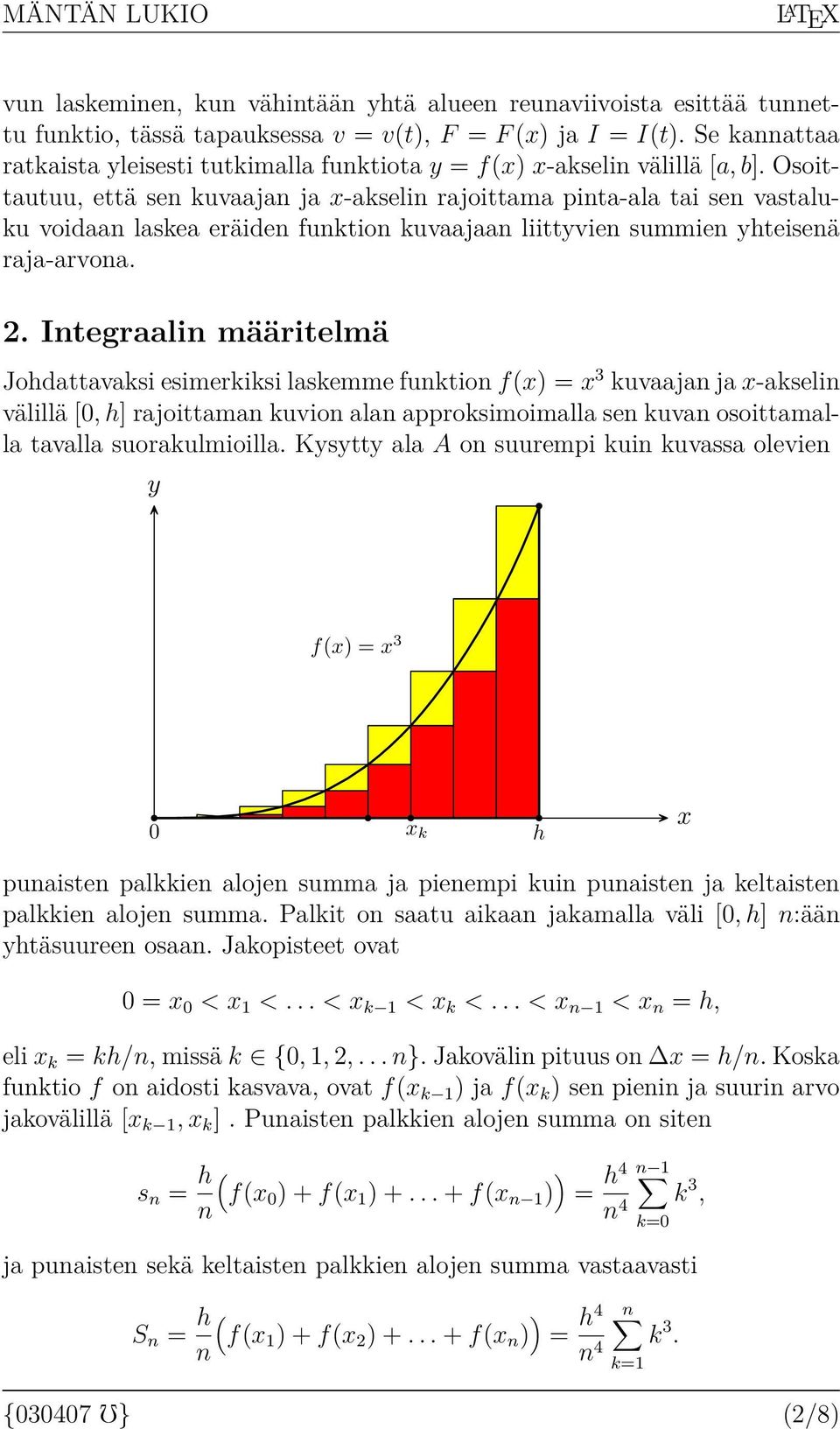 Integrlin määritelmä Johdttvksi esimerkiksi lskemme funktion f() = 3 kuvjn j -kselin välillä [, h] rjoittmn kuvion ln pproksimoimll sen kuvn osoittmll tvll suorkulmioill.