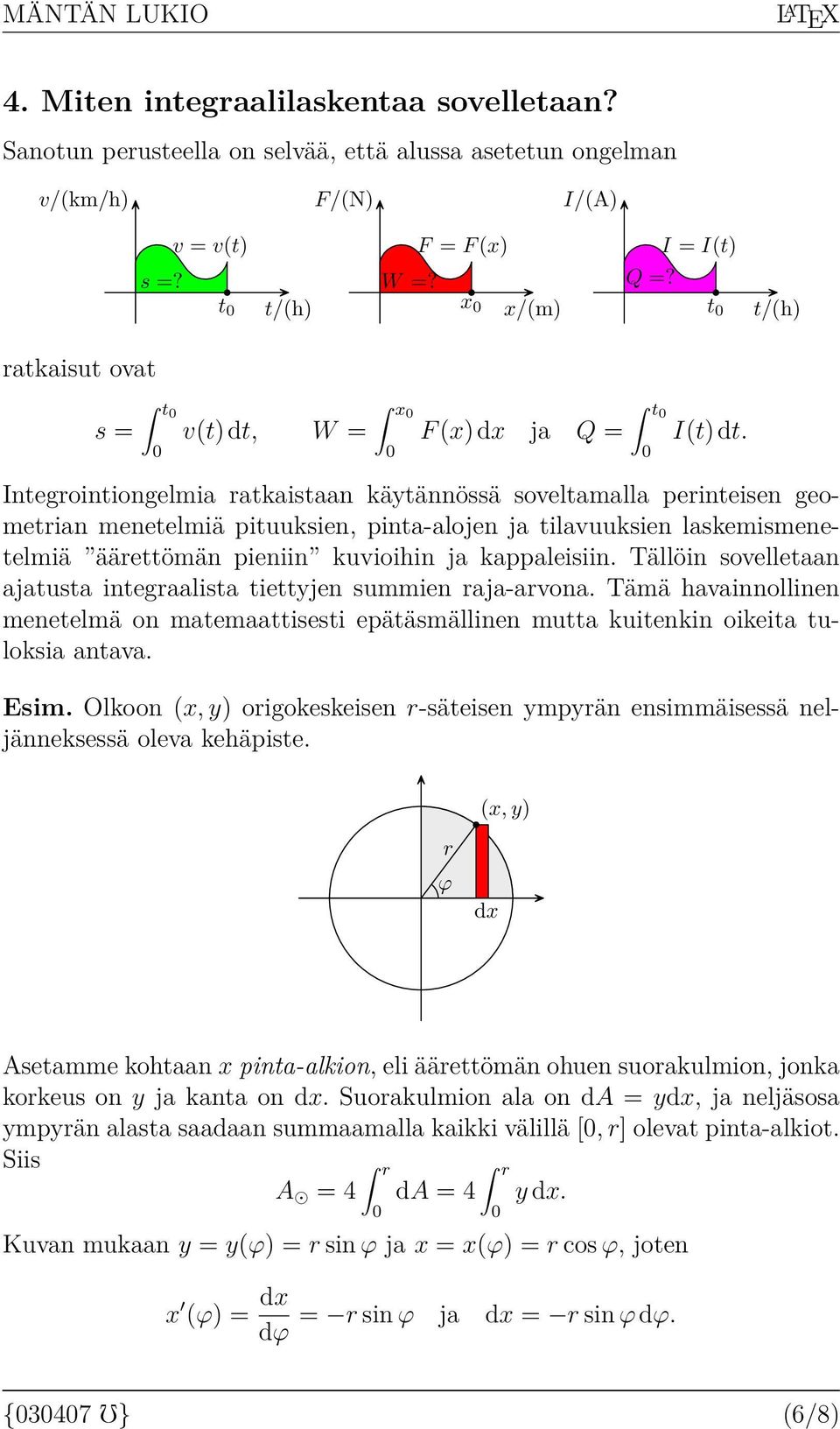 Integrointiongelmi rtkistn käytännössä soveltmll perinteisen geometrin menetelmiä pituuksien, pint-lojen j tilvuuksien lskemismenetelmiä äärettömän pieniin kuvioihin j kppleisiin.