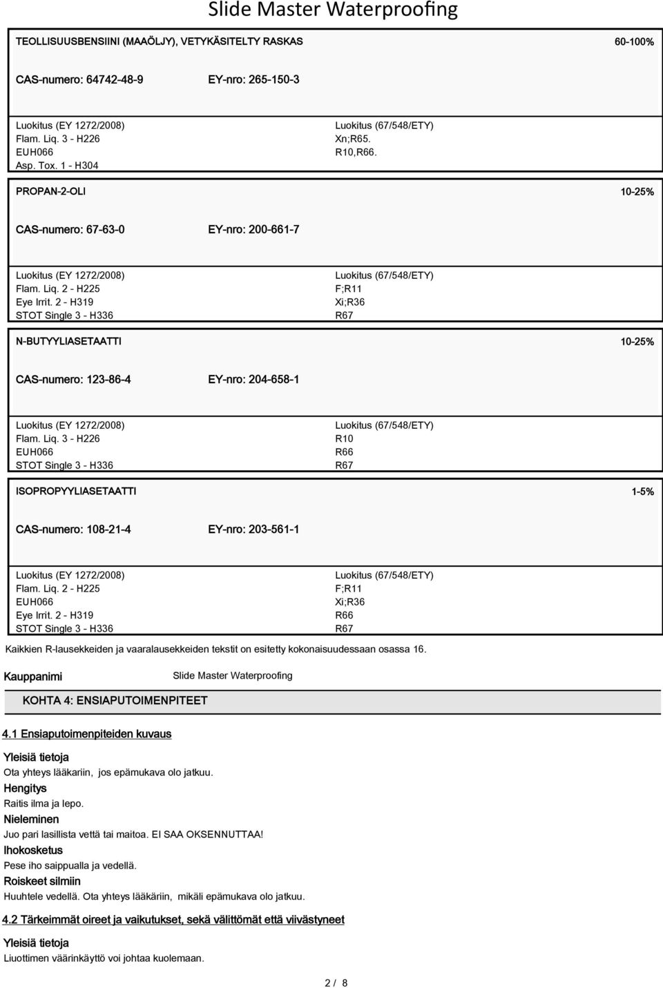 2 - H319 STOT Single 3 - H336 Luokitus (67/548/ETY) F;R11 Xi;R36 N-BUTYYLIASETAATTI 10-25% CAS-numero: 123-86-4 EY-nro: 204-658-1 Luokitus (EY 1272/2008) Flam. Liq.