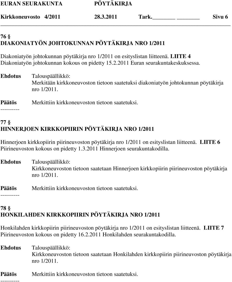 77 HINNERJOEN KIRKKOPIIRIN NRO 1/2011 Hinnerjoen kirkkopiirin piirineuvoston pöytäkirja nro 1/2011 on esityslistan liitteenä. LIITE 6 Piirineuvoston kokous on pidetty 1.3.