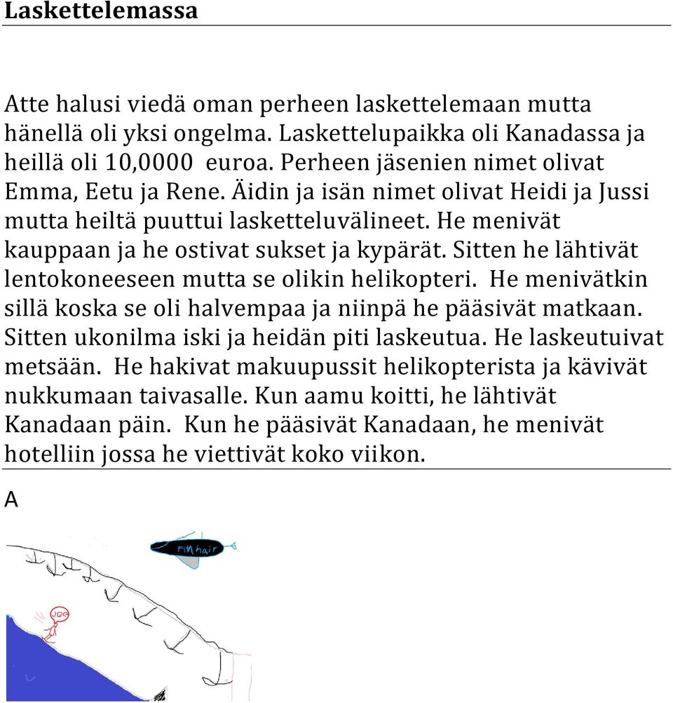 Sitten he lähtivät lentokoneeseen mutta se olikin helikopteri. He menivätkin sillä koska se oli halvempaa ja niinpä he pääsivät matkaan. Sitten ukonilma iski ja heidän piti laskeutua.