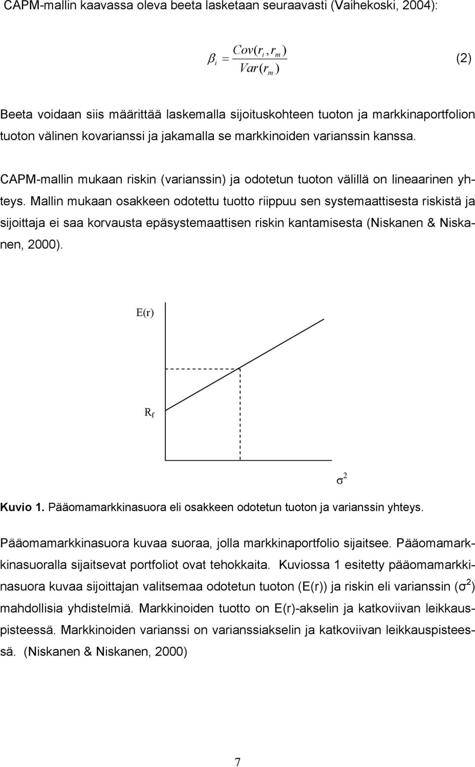 Mallin mukaan osakkeen odotettu tuotto riippuu sen systemaattisesta riskistä ja sijoittaja ei saa korvausta epäsystemaattisen riskin kantamisesta (Niskanen & Niskanen, 2). E(r) R f Kuvio 1.