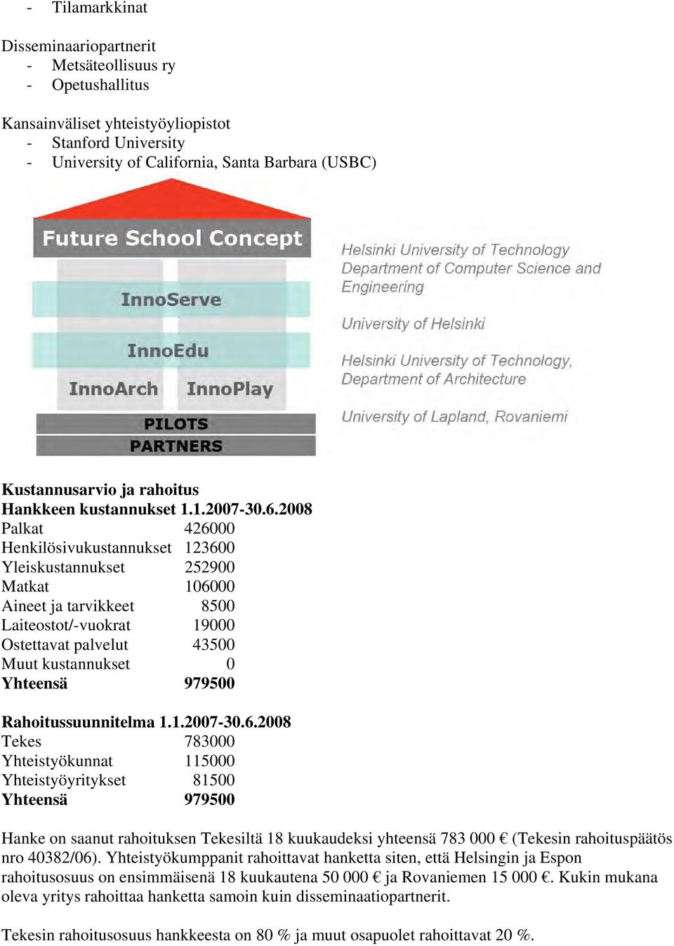 2008 Palkat 426000 Henkilösivukustannukset 123600 Yleiskustannukset 252900 Matkat 106000 Aineet ja tarvikkeet 8500 Laiteostot/-vuokrat 19000 Ostettavat palvelut 43500 Muut kustannukset 0 Yhteensä