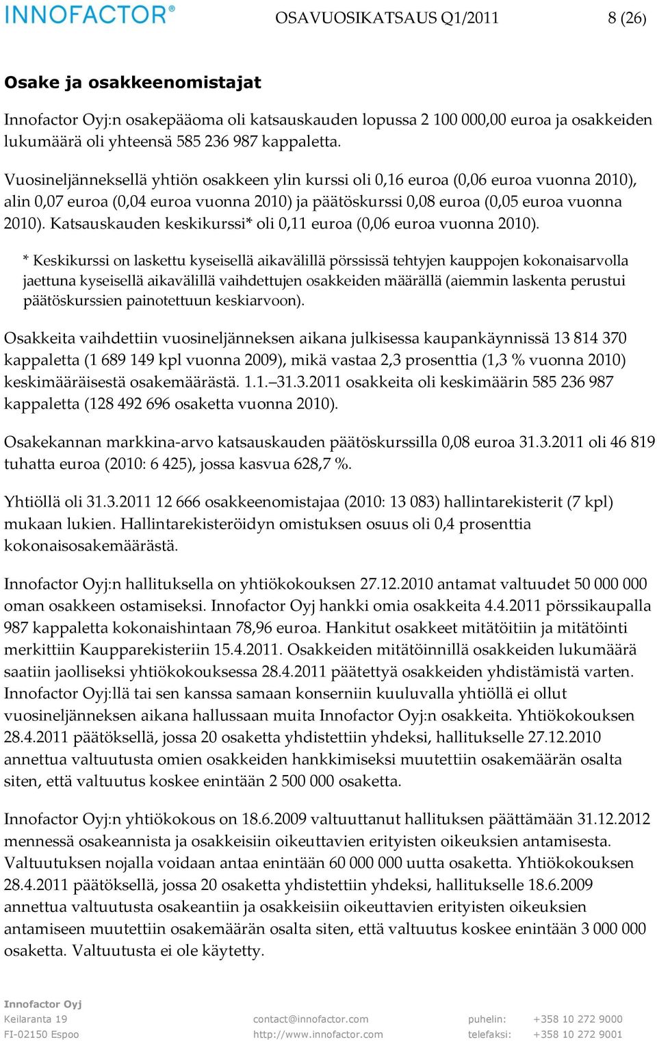 Katsauskauden keskikurssi* oli 0,11 euroa (0,06 euroa vuonna 2010).