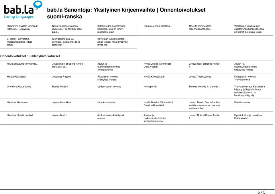 .. Vilpittömän kiitollisuuden osoittaminen henkilölle, joka on tehnyt puolestasi jotain Ei kestä Päinvastoin, meidänhän pitäisi kiittää sinua N'en parlons pas.