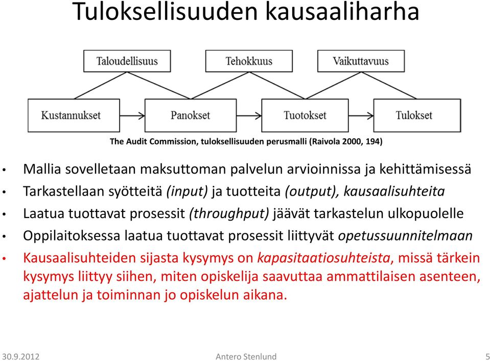 tarkastelun ulkopuolelle Oppilaitoksessa laatua tuottavat prosessit liittyvät opetussuunnitelmaan Kausaalisuhteiden sijasta kysymys on