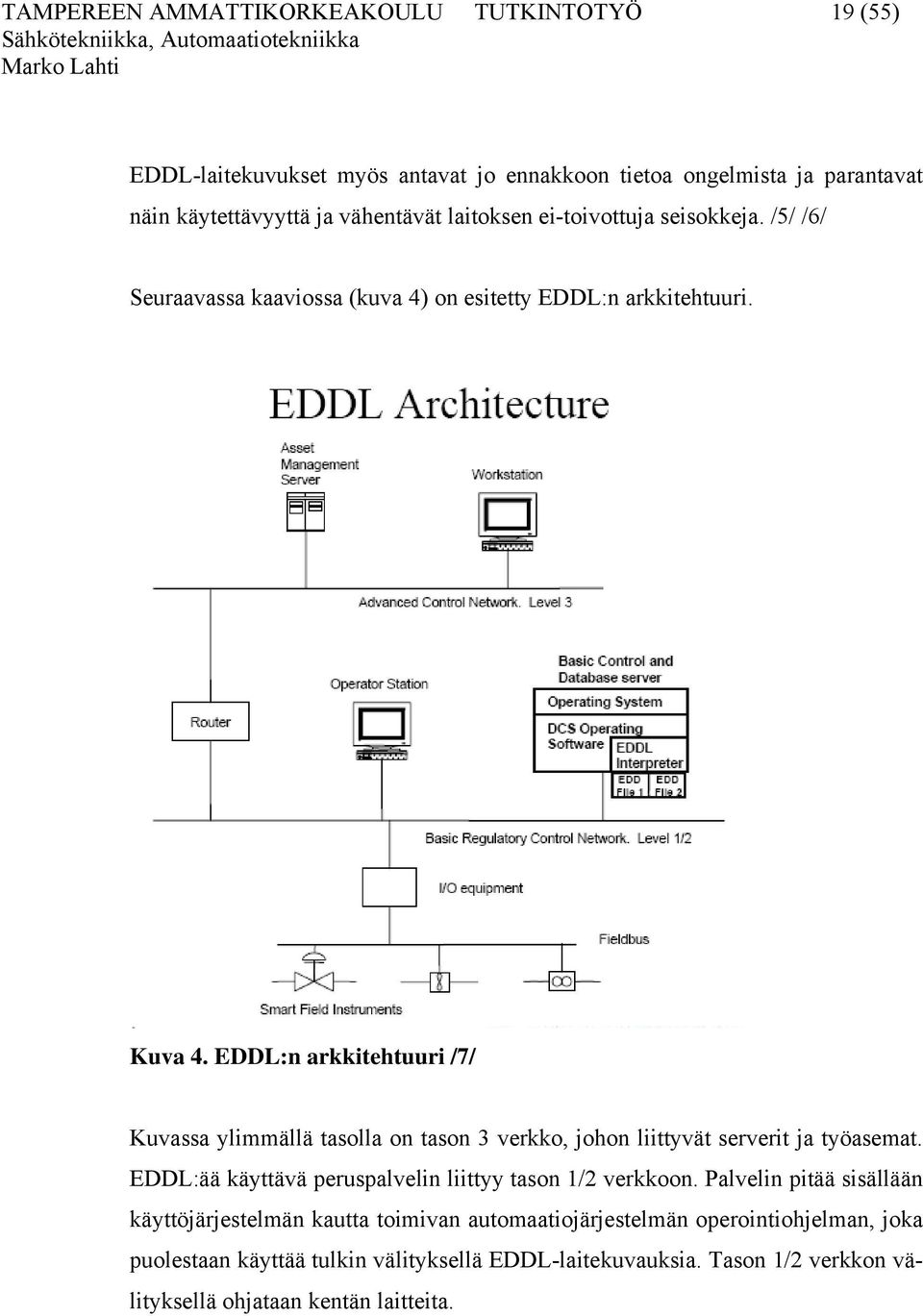 EDDL:n arkkitehtuuri /7/ Kuvassa ylimmällä tasolla on tason 3 verkko, johon liittyvät serverit ja työasemat. EDDL:ää käyttävä peruspalvelin liittyy tason 1/2 verkkoon.